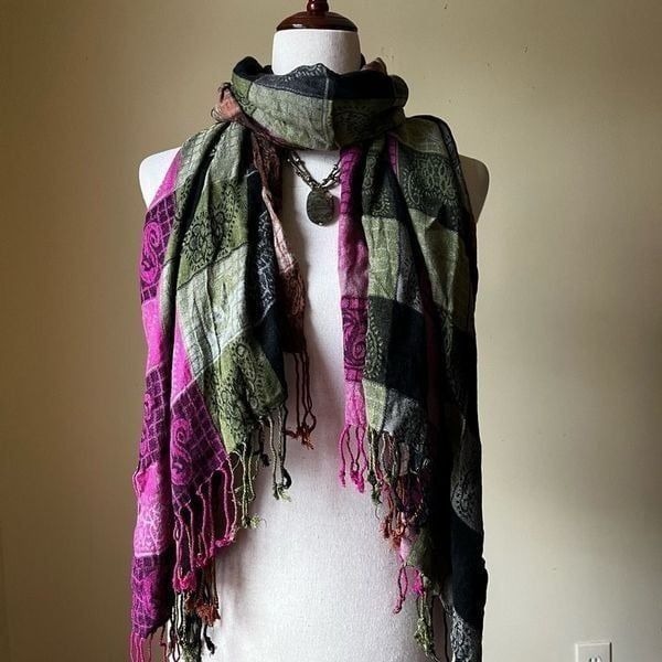 Pashmina Fringe Scarf Wrap Black Pink Green Paisley Checkered Patchwork