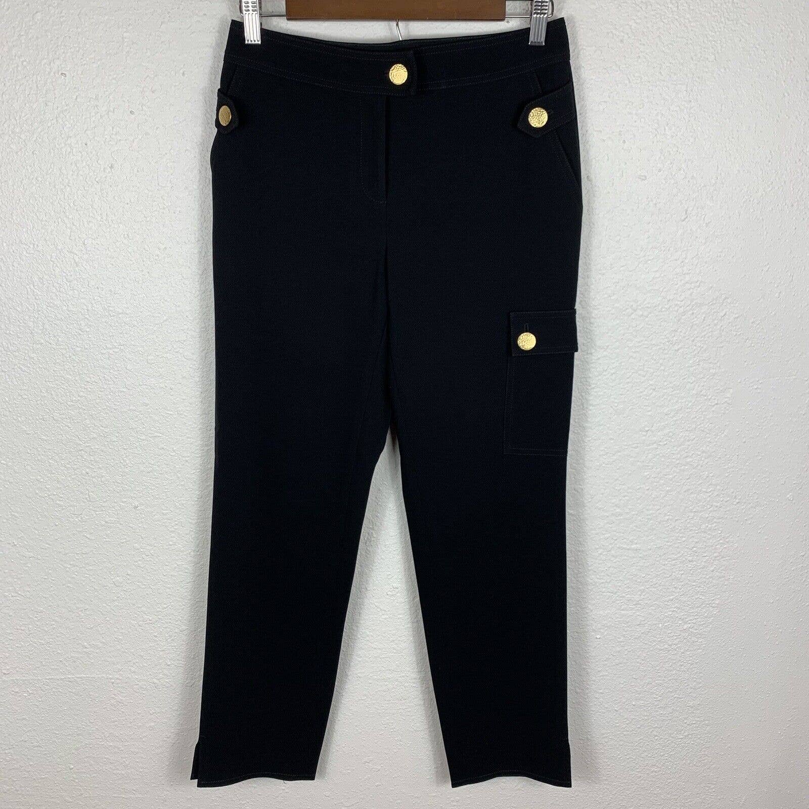ST. John Black Label Military Cargo Dress Pants Black Gold Crop stretch size 2