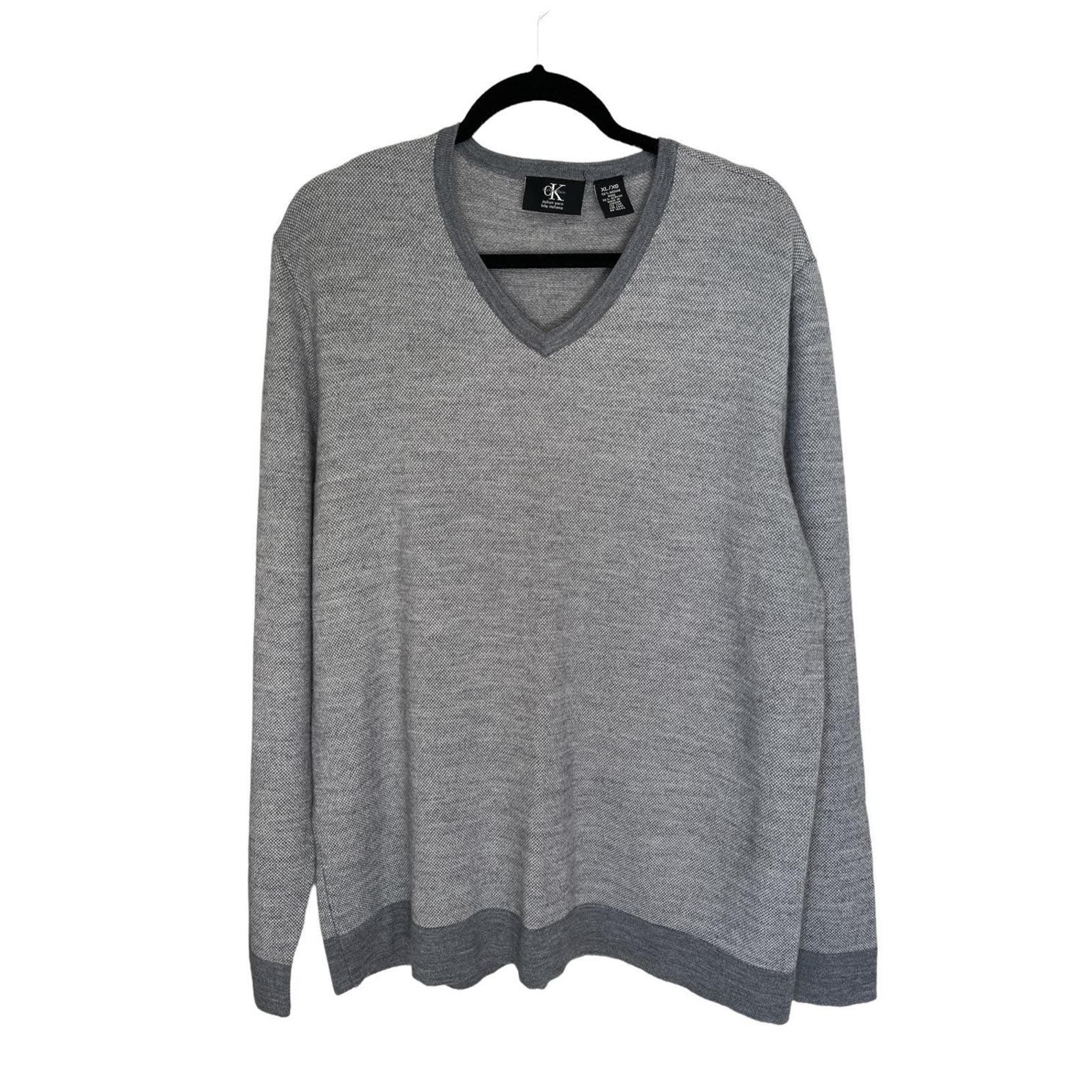 Calvin Klein mens Gray V-Neck sweater sz xlarge Merino Wool Blend knit pullover