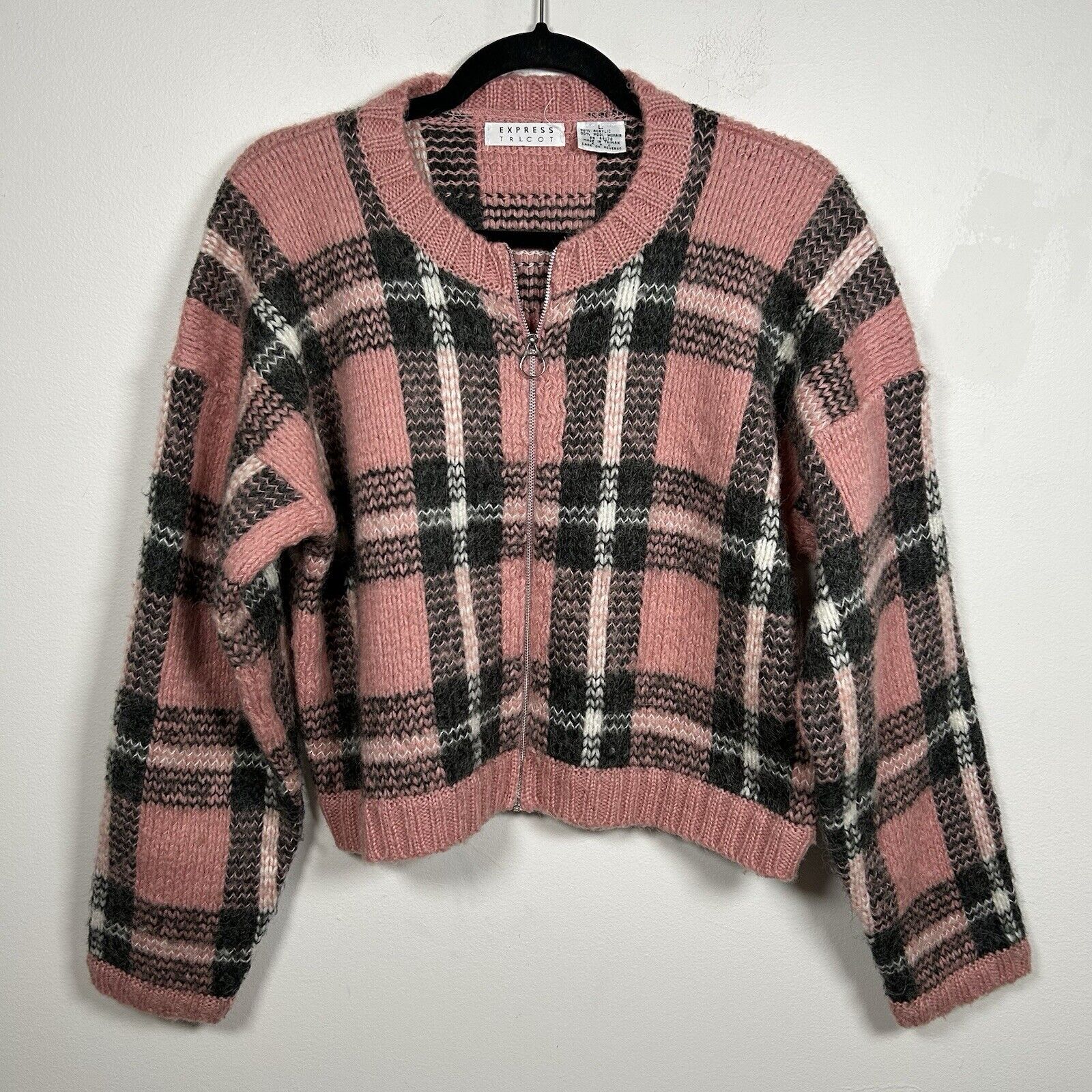 VTG Express Tricot Sweater Cardigan Full Zip Mohair Pink Black Plaid Women's L