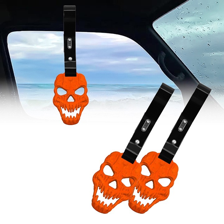 NEW 2PCS SKULL HEAD ORANGE JDM TSURIKAWA RING Black Handle Strap Drift Charm