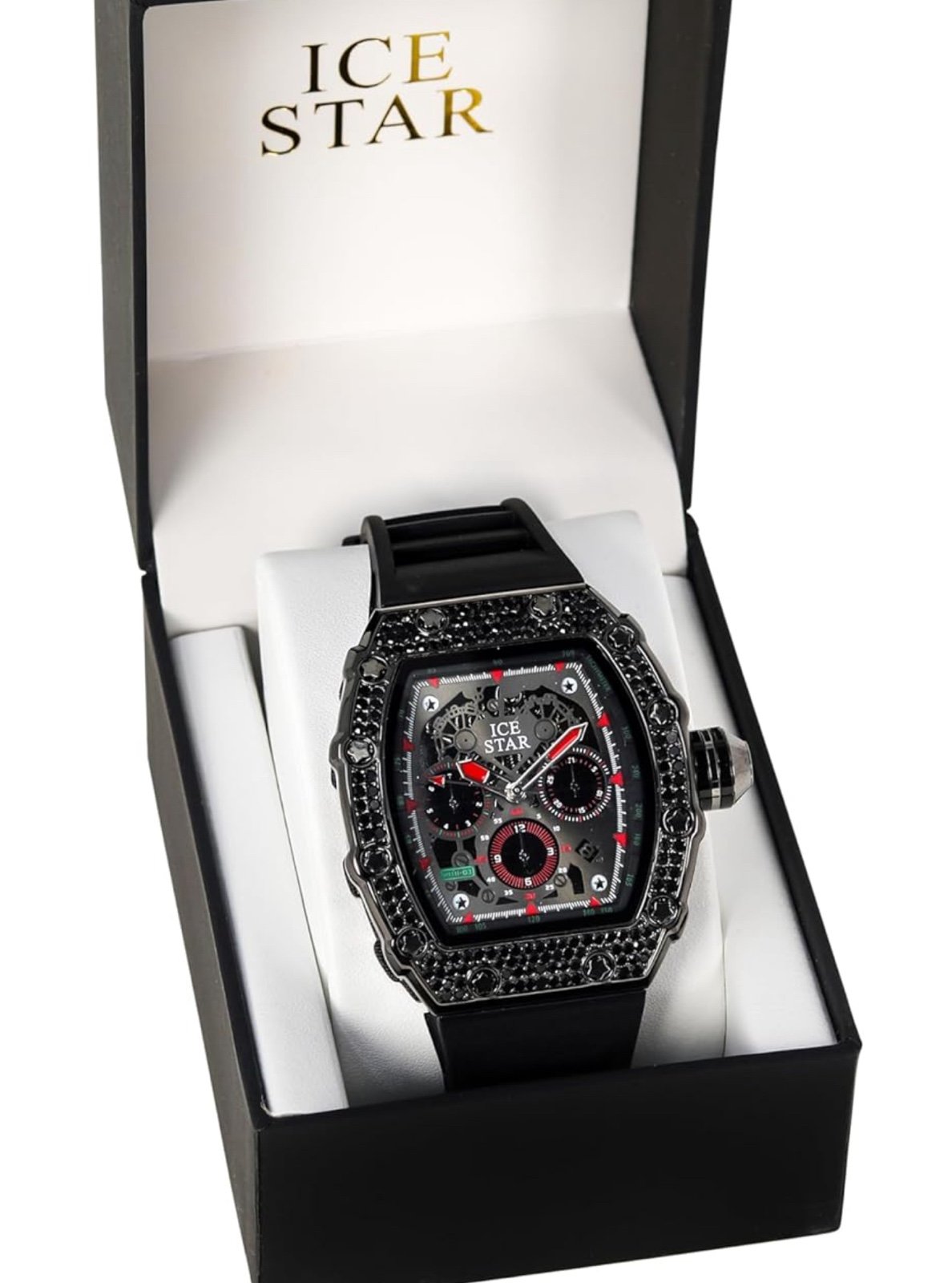 ICE STAR Men's Iced Out 45mm Tonneau Shape Watch, Silicone Band