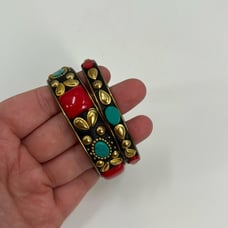 Vintage bohemian art deco jasper and turquoise inlay bangle bracelets