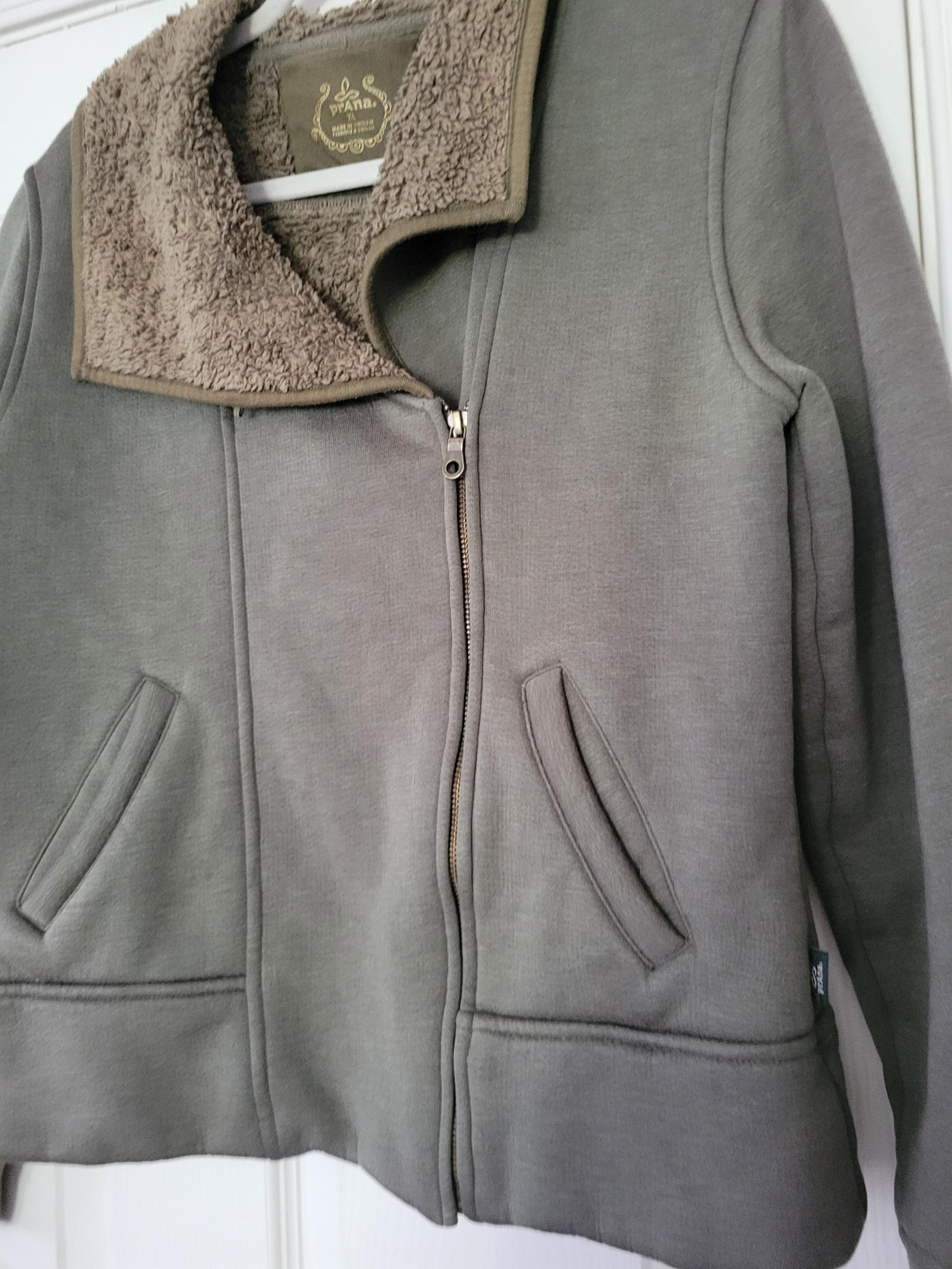 Prana Womens Jacket Green Solid Sherpa Hippie BOHO Moto Asymmetrical Fleece XL
