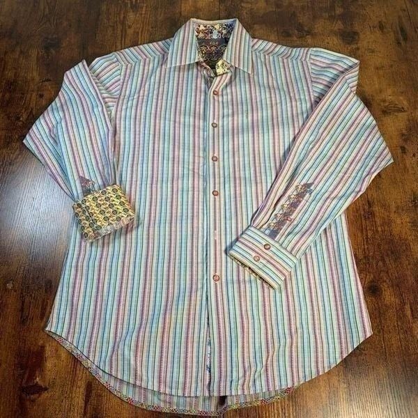 Robert Graham Mens Size M Striped Flip Cuff Long Sleeve Button Down Shirt