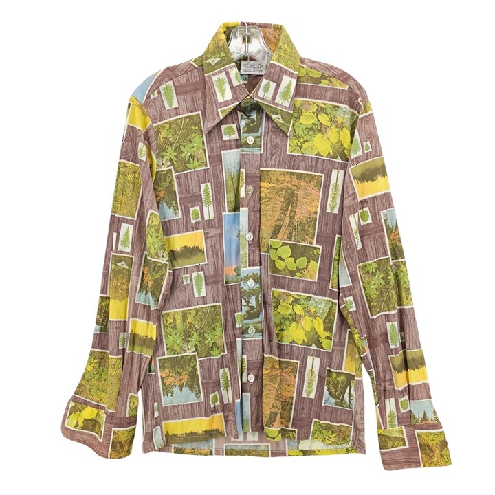 VINTAGE 70s Disco Shirt All Over Print Trees Nature Stern's New Jersey SizeLARGE