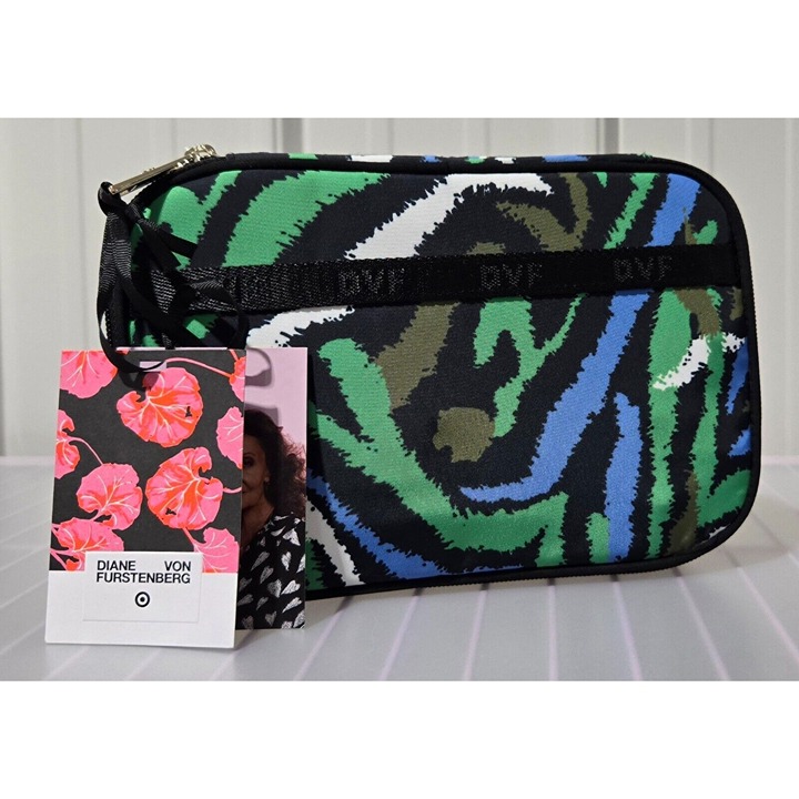 Diane Von Furstenberg Green & Black Zebra Jewelry Organizer Small Zippered Bag