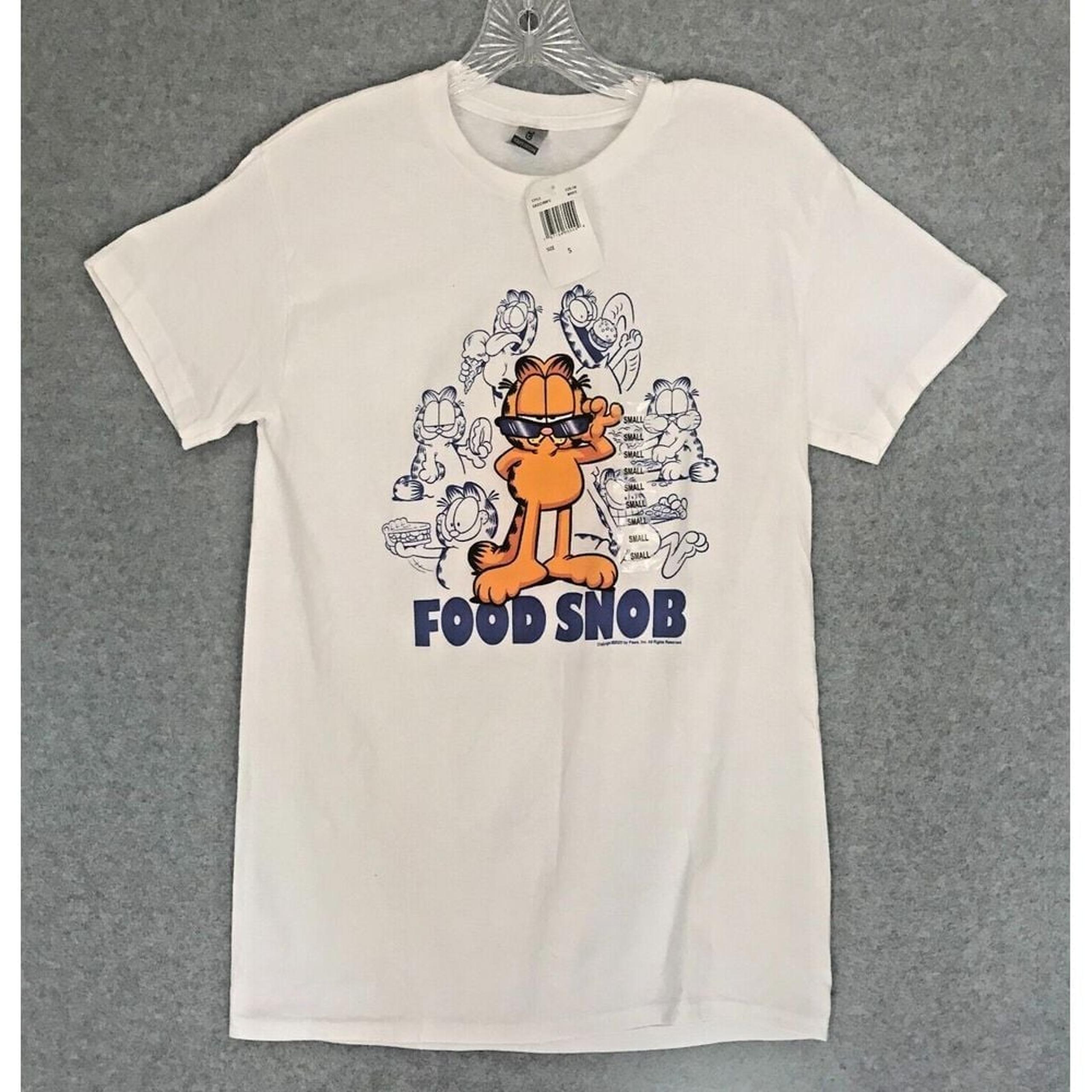 NEW! Garfield The Cat 'Food Snob' T-Shirt Mens Small White Short Sleeve Cotton