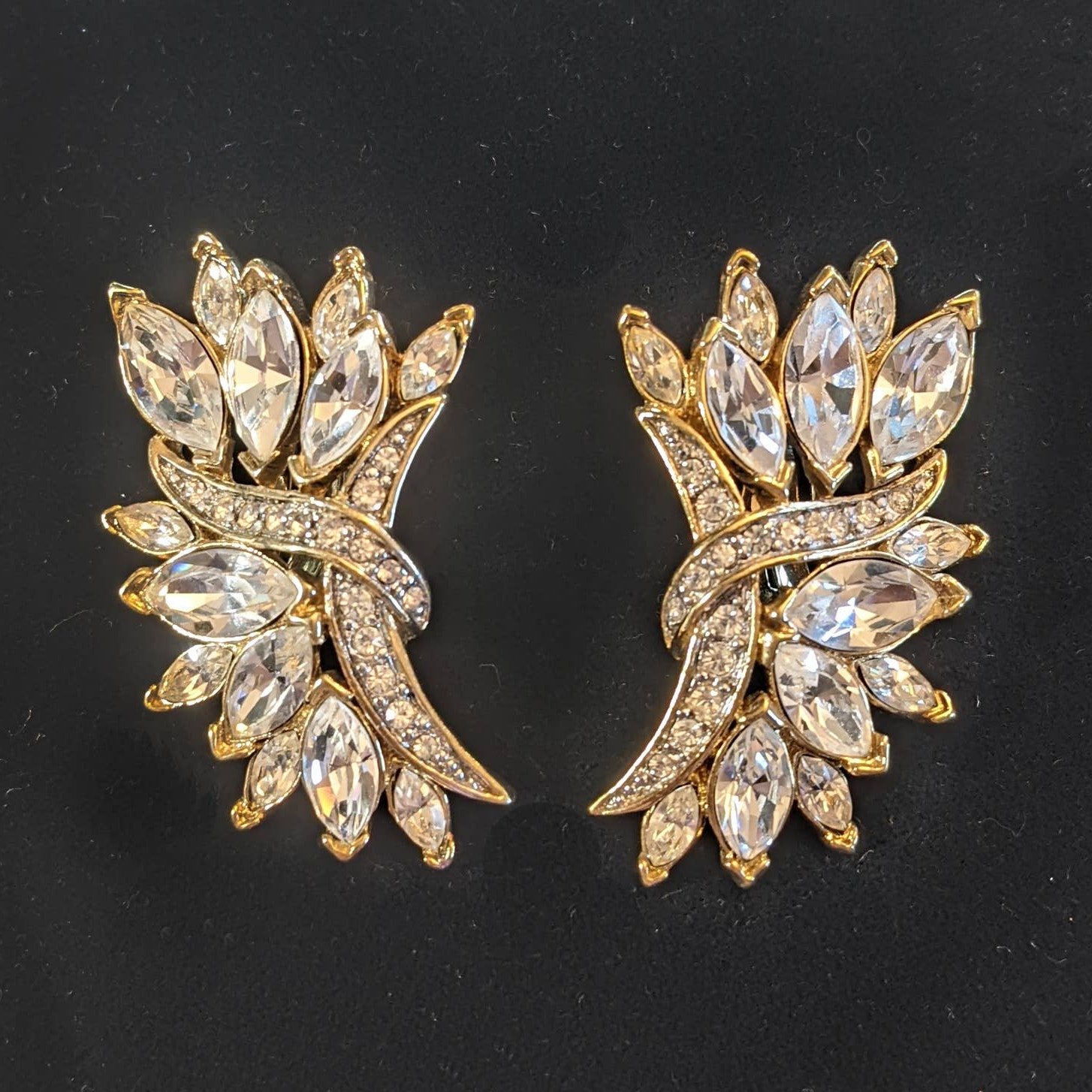 Large Trifari Ear Climber Earrings Clear Rhinestone Designer Bridal Vintage