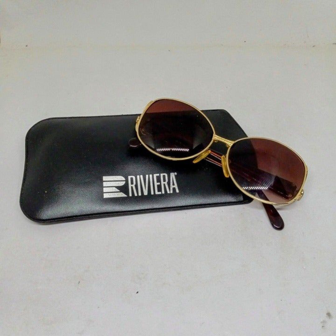 Vintage Riviera Square Metal Sunglasses-Soft Case-Handmade-Enamel Accent