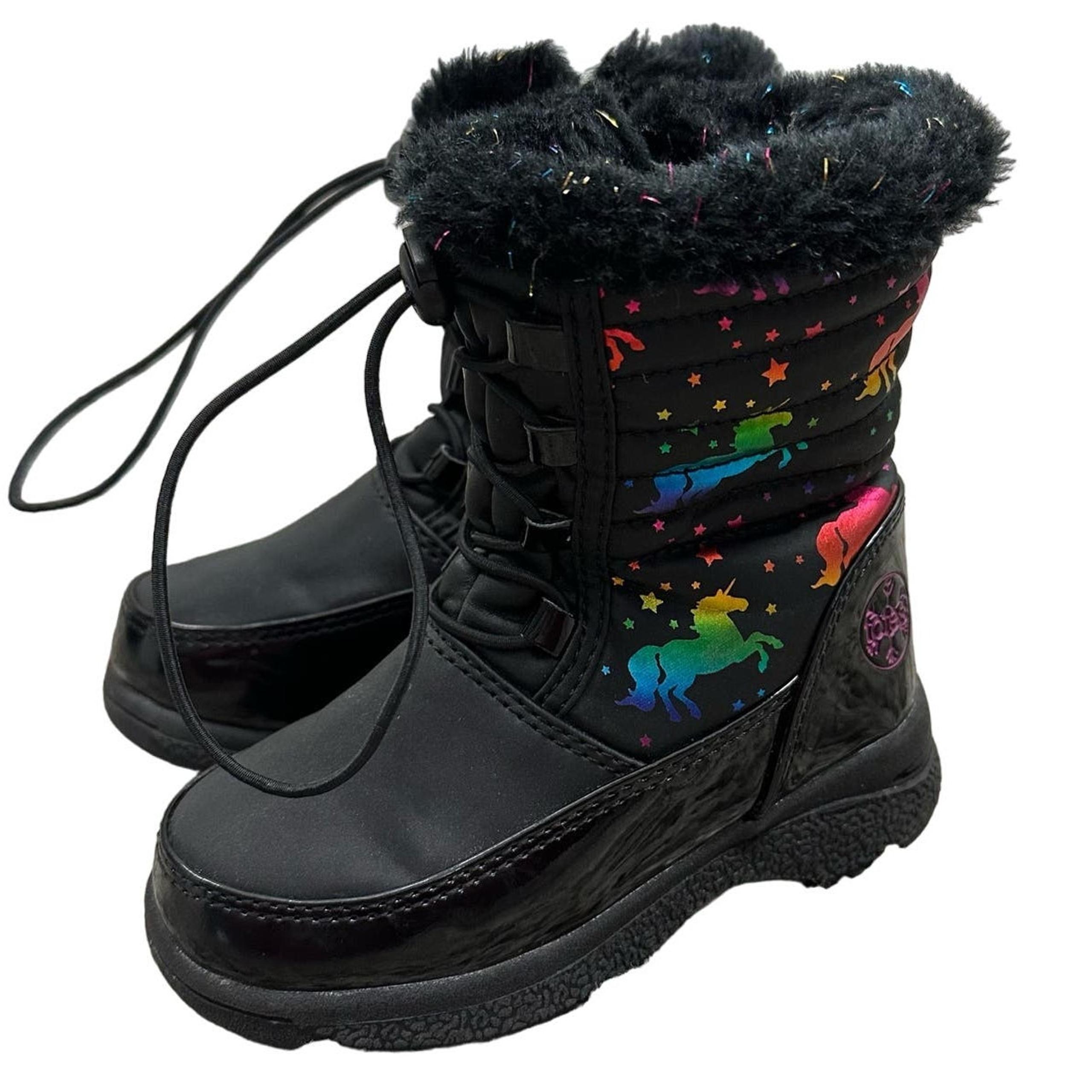 Totes Reena Black Rainbow Unicorn Winter Snow Boots Faux Fur Toddler Girls 8