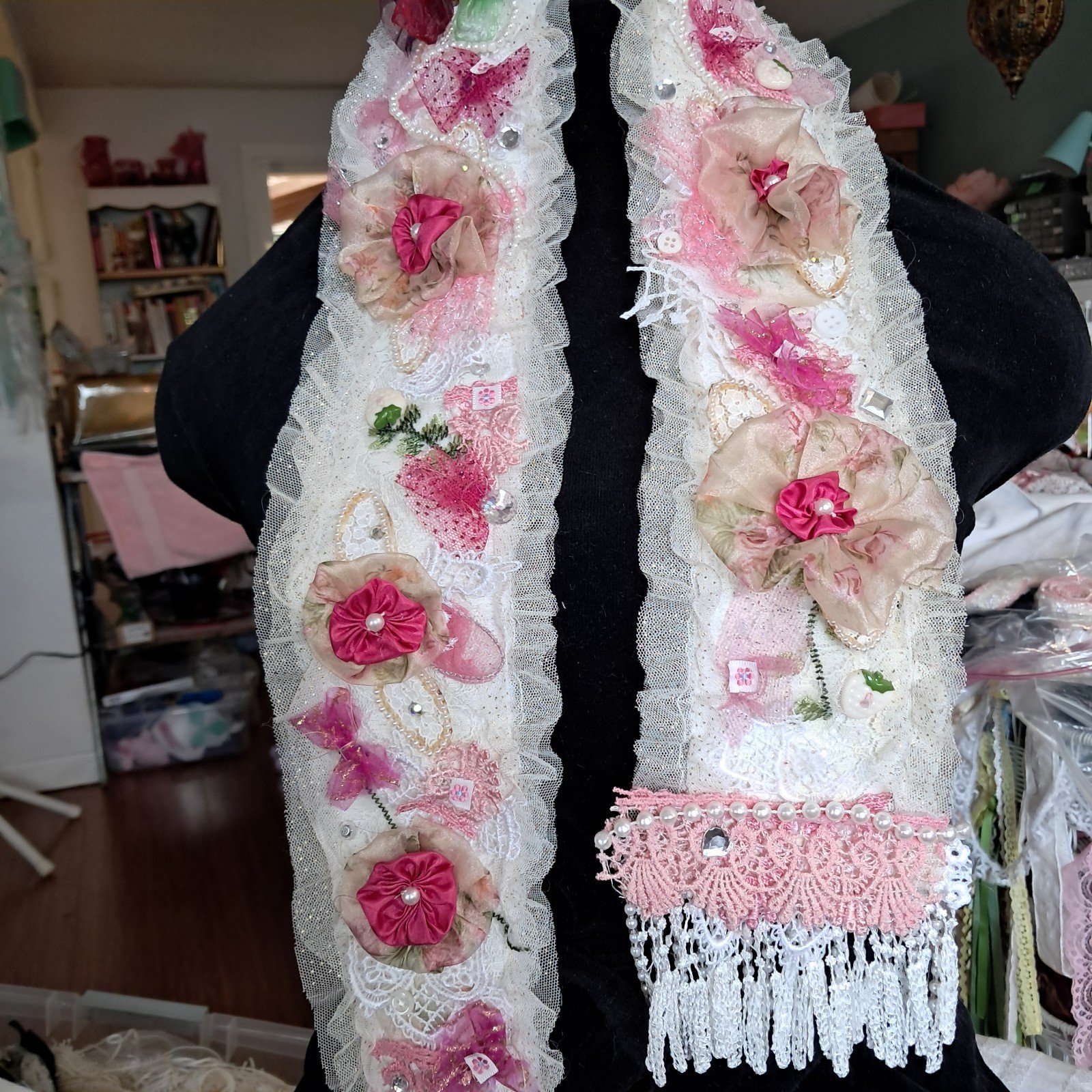 Handmade Shabby Chic Floral Embellished Scarf Cottagecore snippet journals