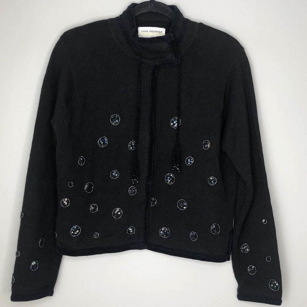 Lisa Nichols Womens Small Black Snap Button Front Beaded Sequin Cardigan Sweater