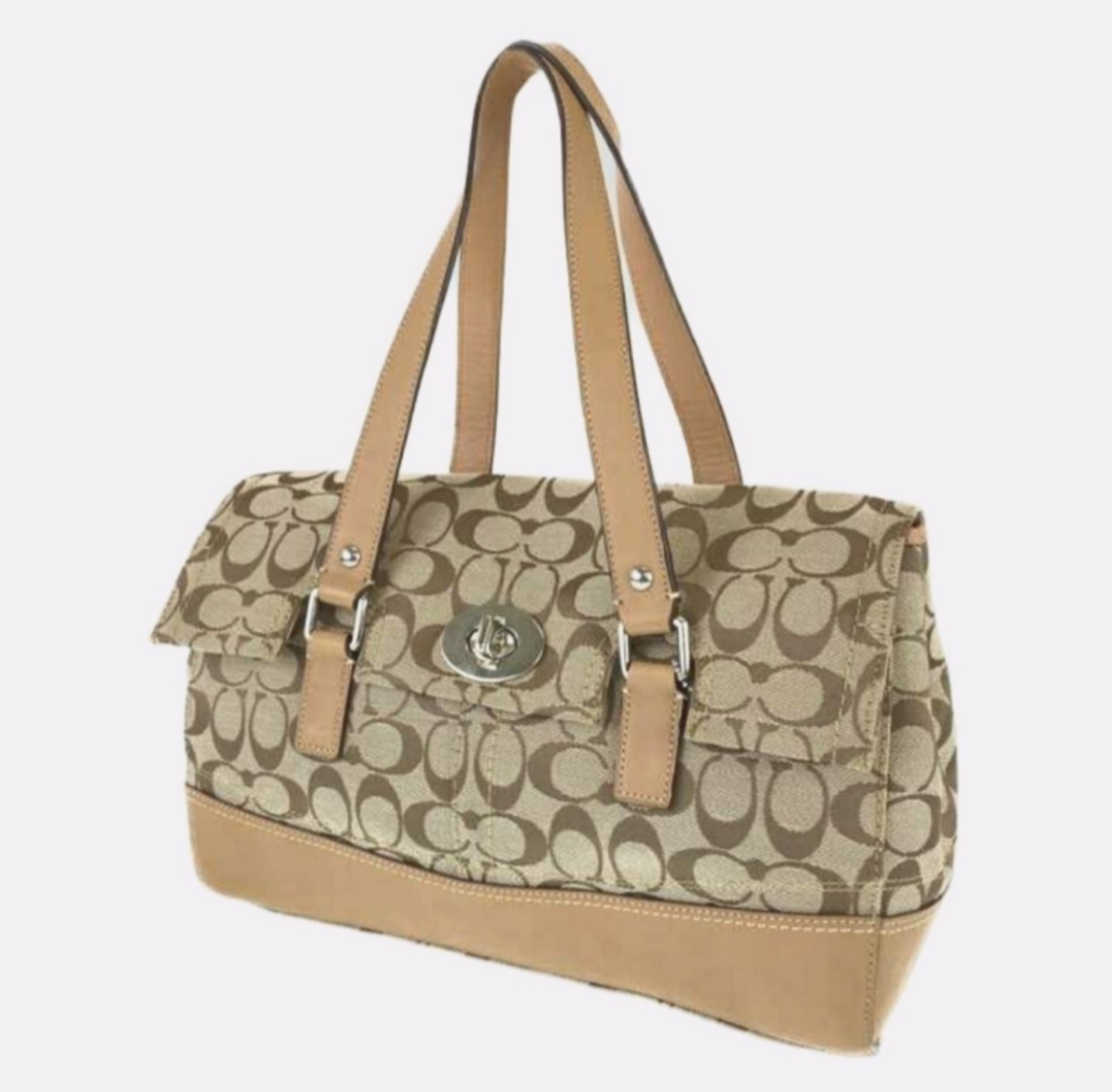 Coach Hamptons Khaki Tan Signature Canvas Turnlock Shoulder Bag Shopper Tote Y2K