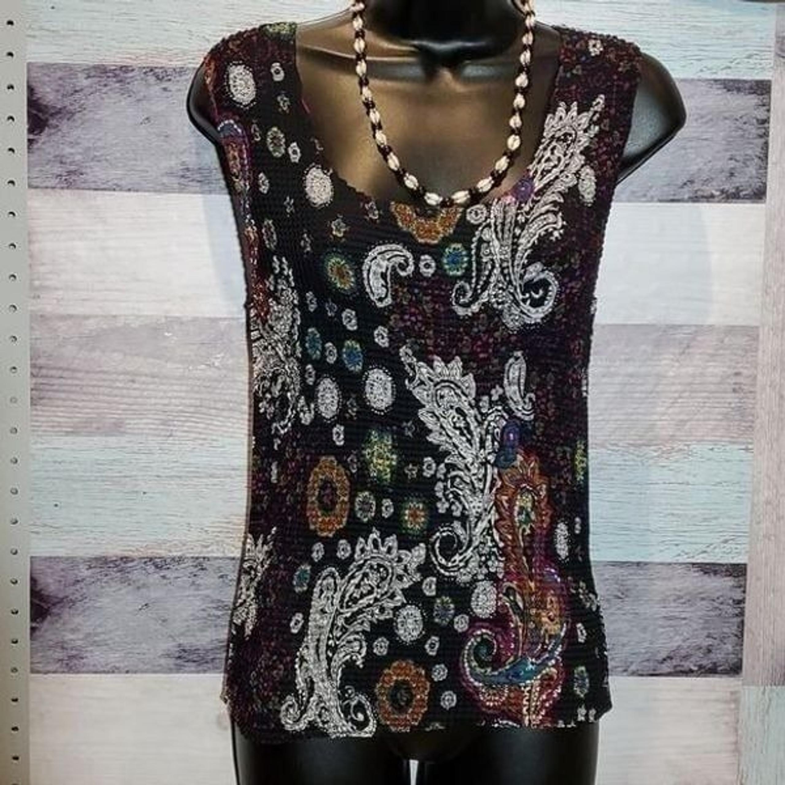 Nicola Waffle Weave Black Bright Floral Tank Blouse, Sz L