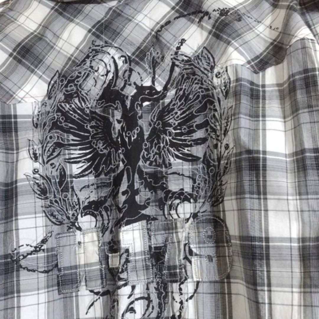 Jordan Craig Gray and White Pearl Button Snap Short Sleeve Dragon Graphic Shirt