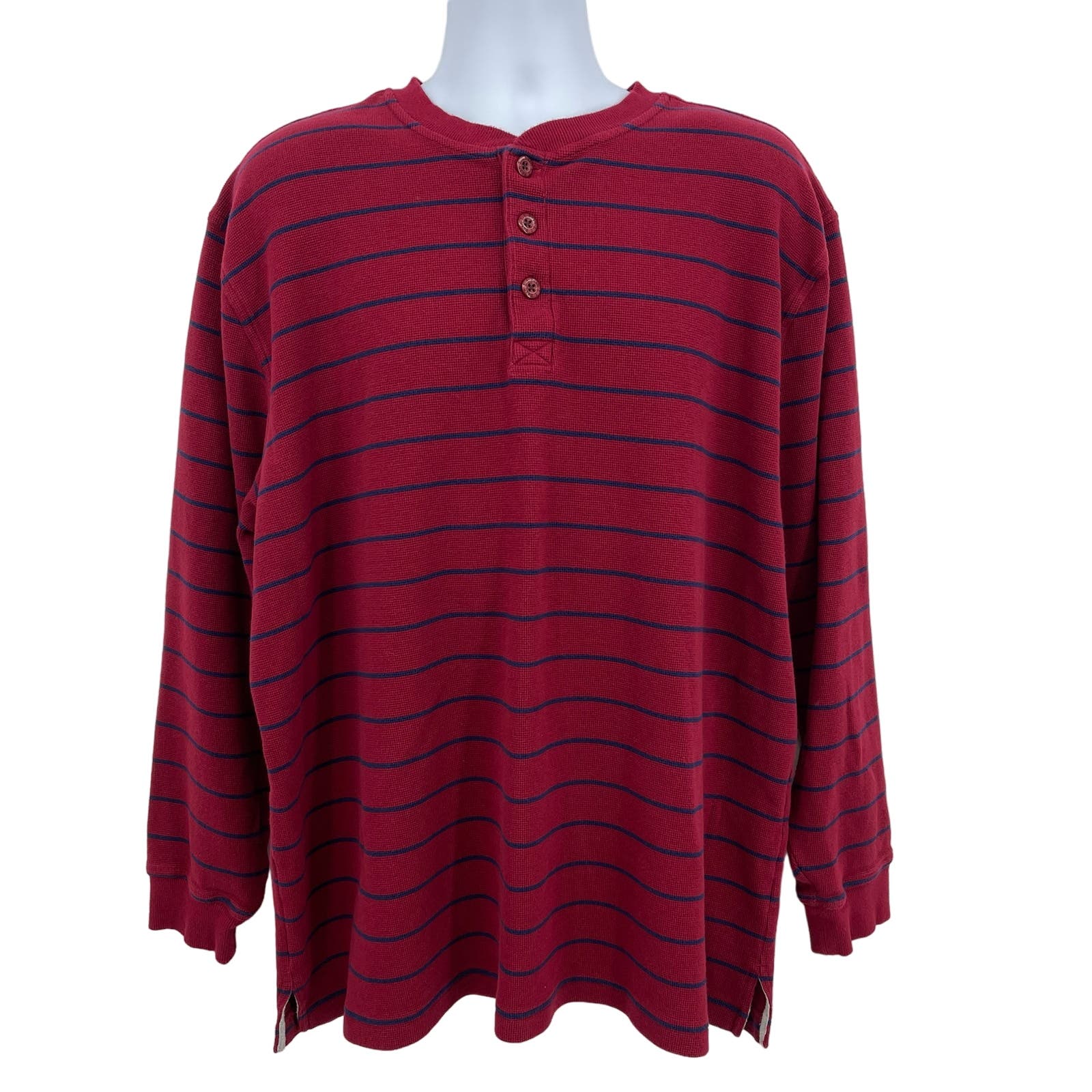 LL Bean Sz XXL Burgundy Red & Blue Stripe Long Sleeve Waffle Knit Henley Shirt