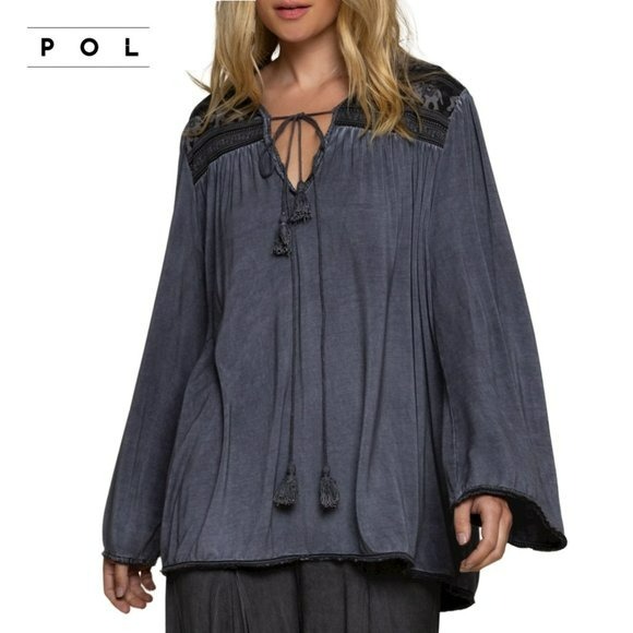 NWT POL Boho Lace with Tassels Wide Sleeve Relaxed Fit Blouse Tunic Top