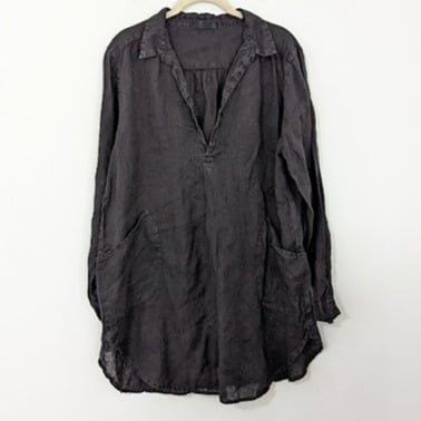 CP Shades 100% Linen Teton Longline Tunic Front Pockets Split Neck Black Small S