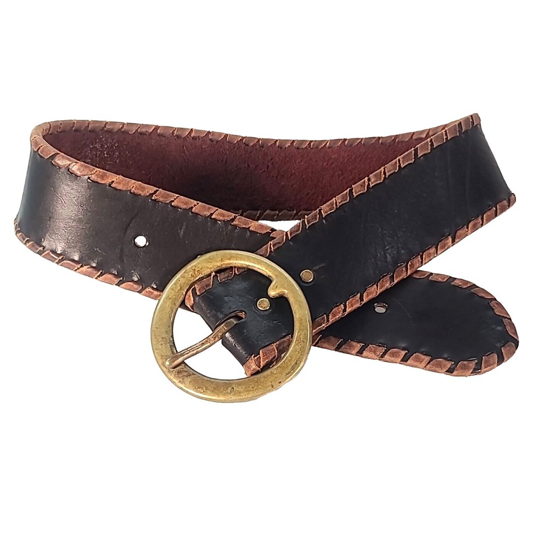 HTC Hollywood Trading Co Twisted Edge Stitch Leather Belt Brass Motorcycle -32