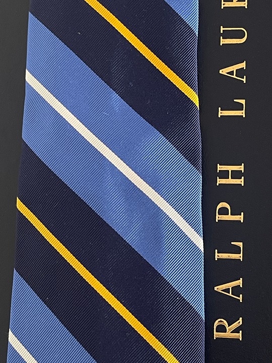 POLO RALPH LAUREN Silk Tie, Blue White, Gold Stripes NWT MADE IN ITALY 100% Silk