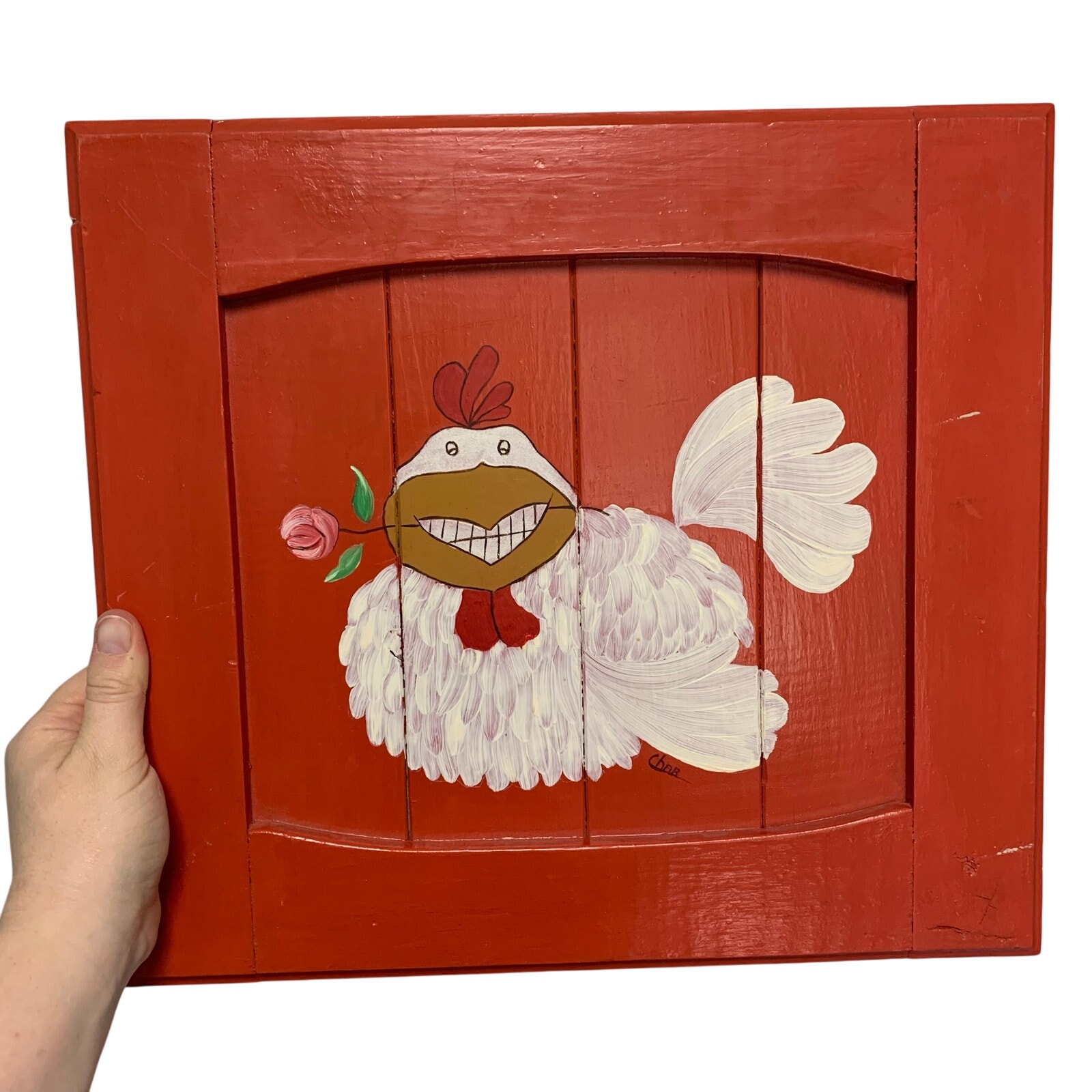 Hand Painted Farmhouse Rooster with Rose in Beak Wood Painting