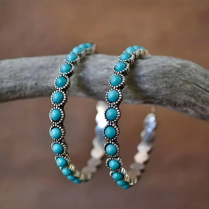 Solid 925 Sterling Silver Turquoise Hoop Womens Earrings Ladies Hoops Jewelry