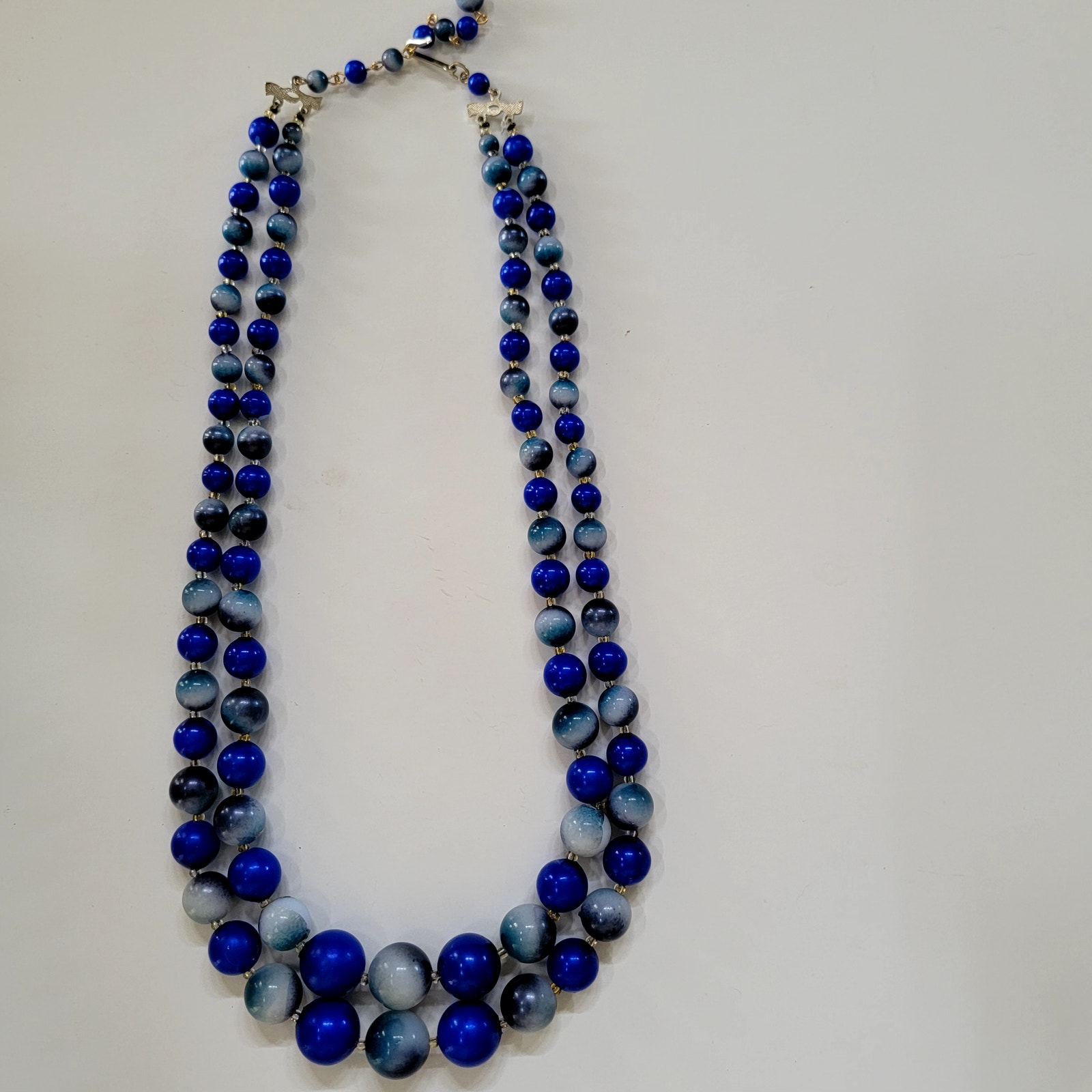 Vintage Double Strand Blue And Gray Beaded Necklace With Graduated Round Beads