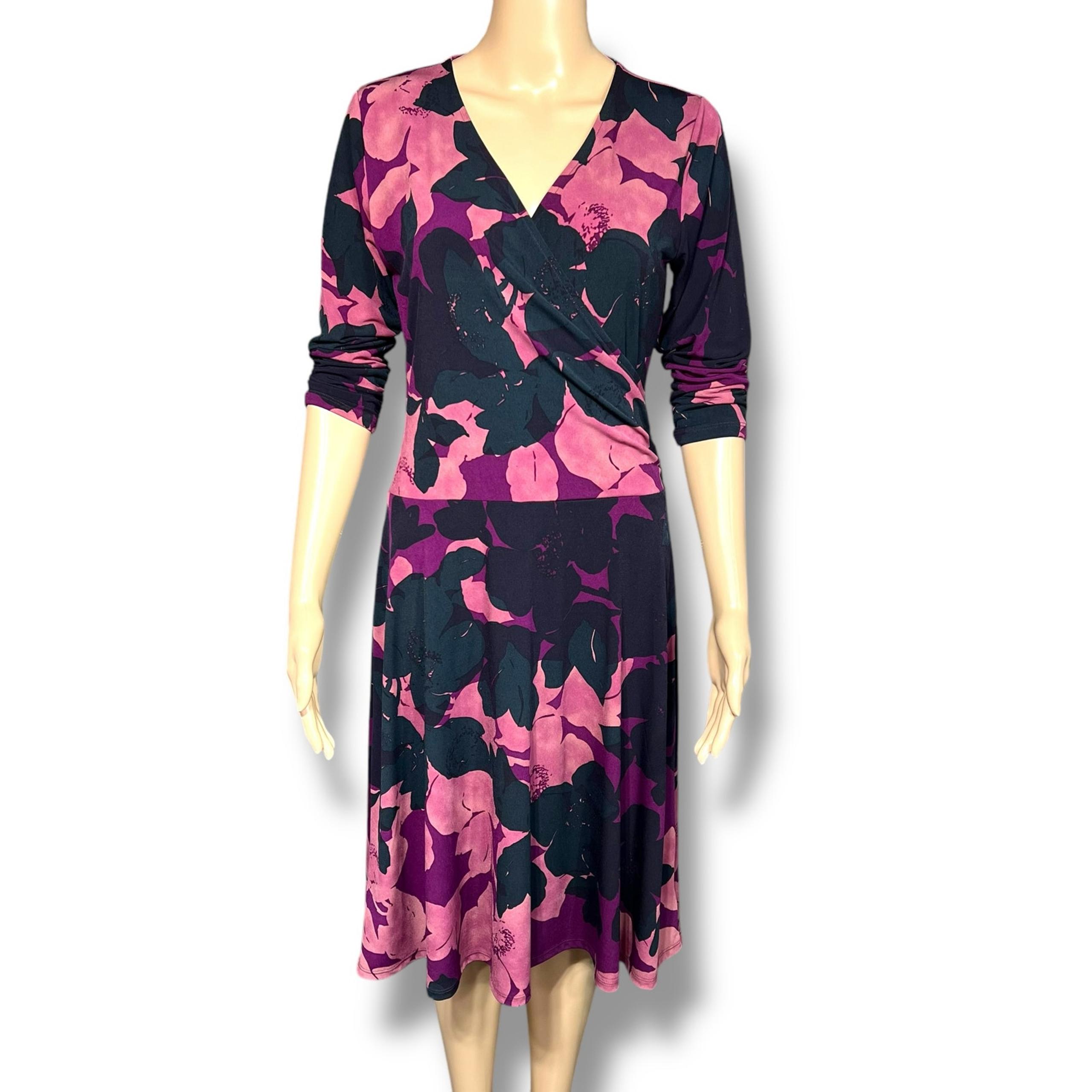 CAbi Womens Faux Wrap Dress Shadow Floral Low Waist Midi Purple Blue Pink Medium