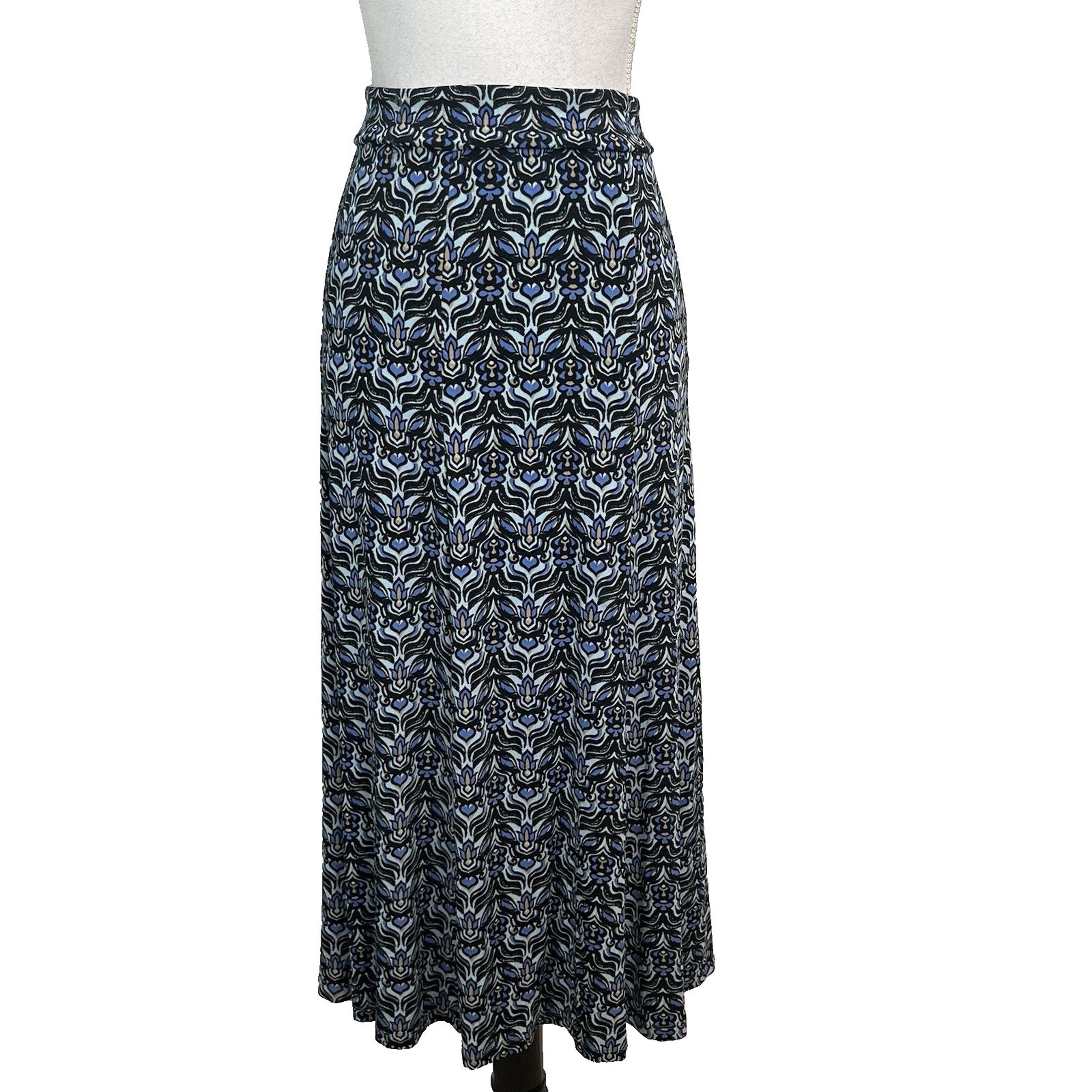 Coldwater Creek Skirt Plus size 1X Black Blue Floral Slinky Long A Line Stretch