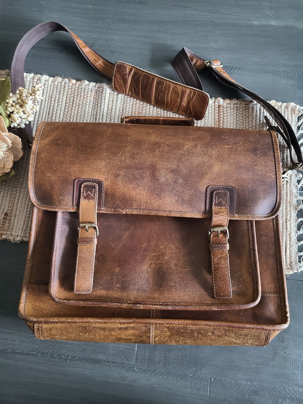 Genuine Leather Hand Crafted Heavy Duty Messenger Briefcase Bag 17 W X 15 T