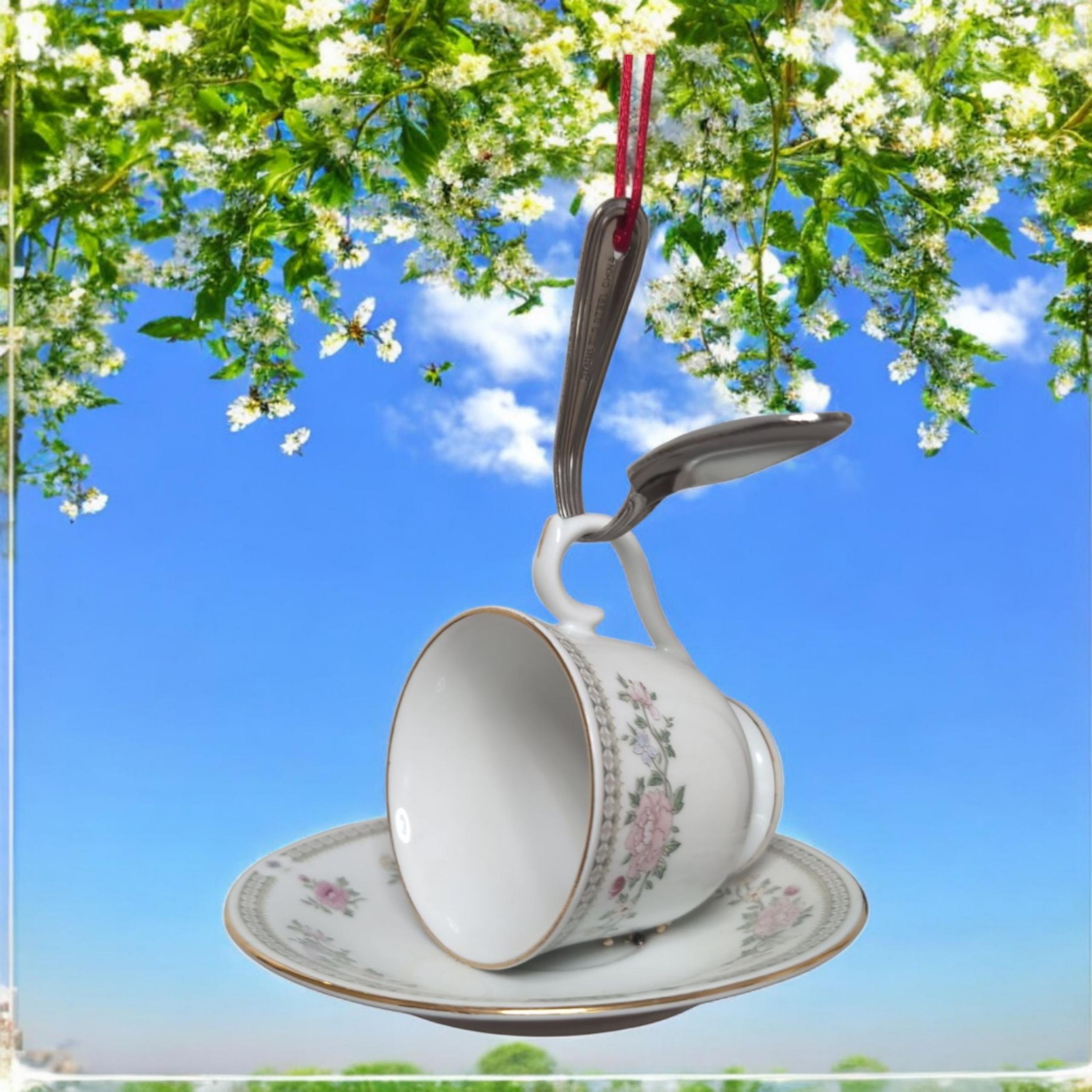 Bird feeder handmade porcelain cup and saucer