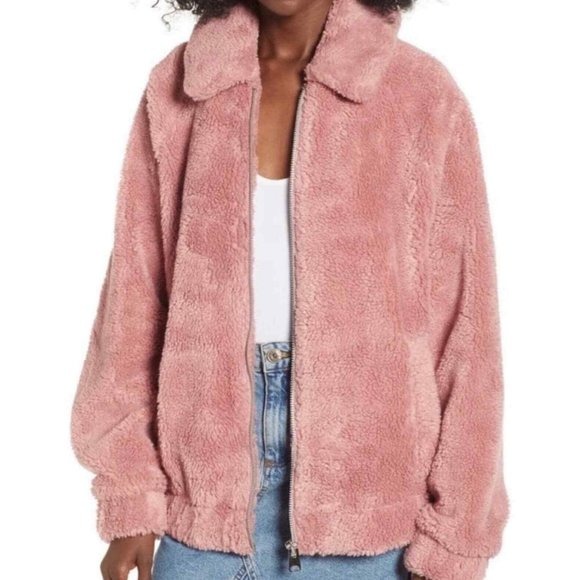 BDG Urban Outfitters muted pink Batwing Teddy Fleece zipper Jacket womens L