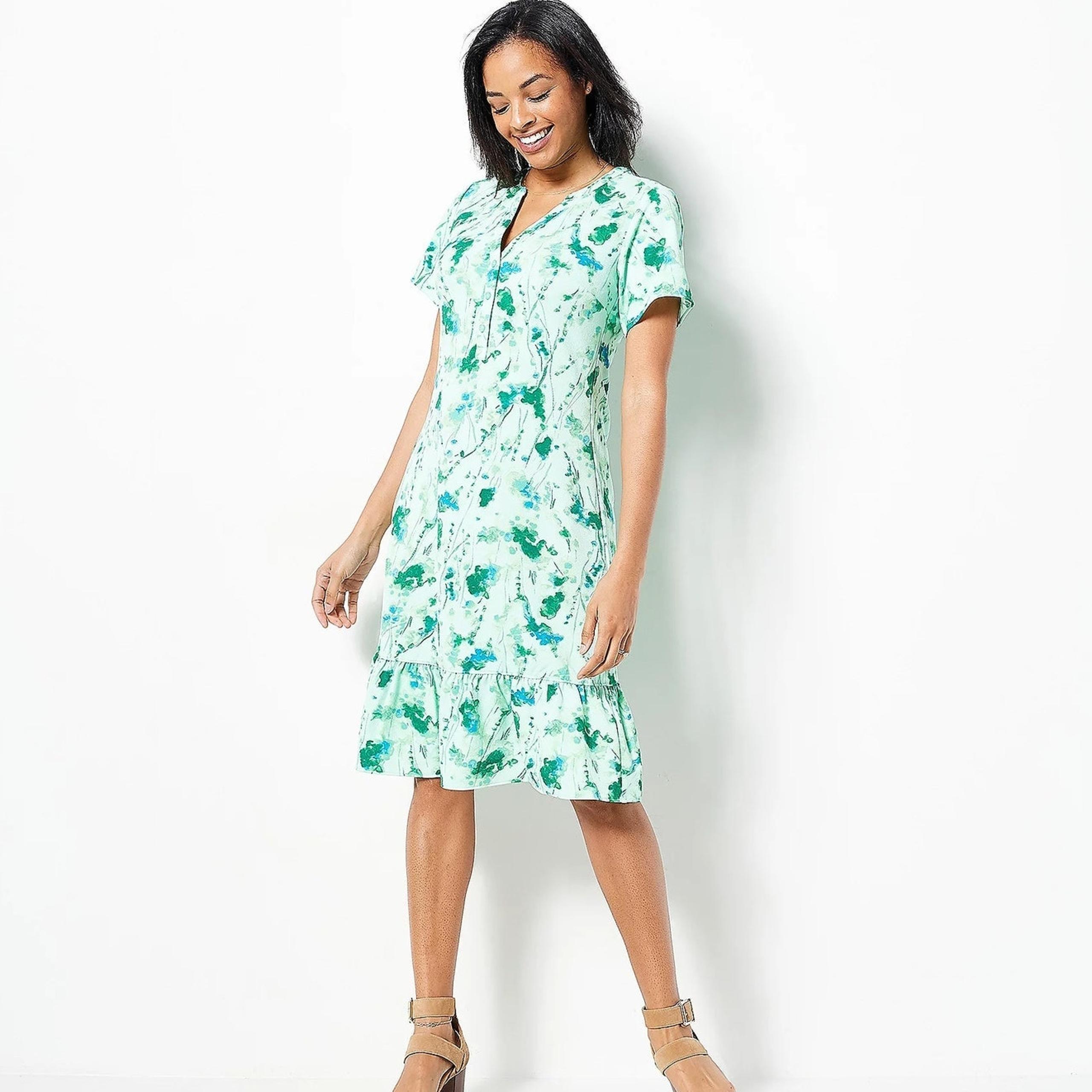 Isaac Mizrahi Live! Women's XLP Green/Blue Floral Ruffle Hem Midi Dress NWT