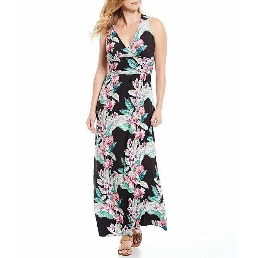 Tommy Bahama Dress M Black Tropical Flowers Maxi Halter Viscose Spandex Empire
