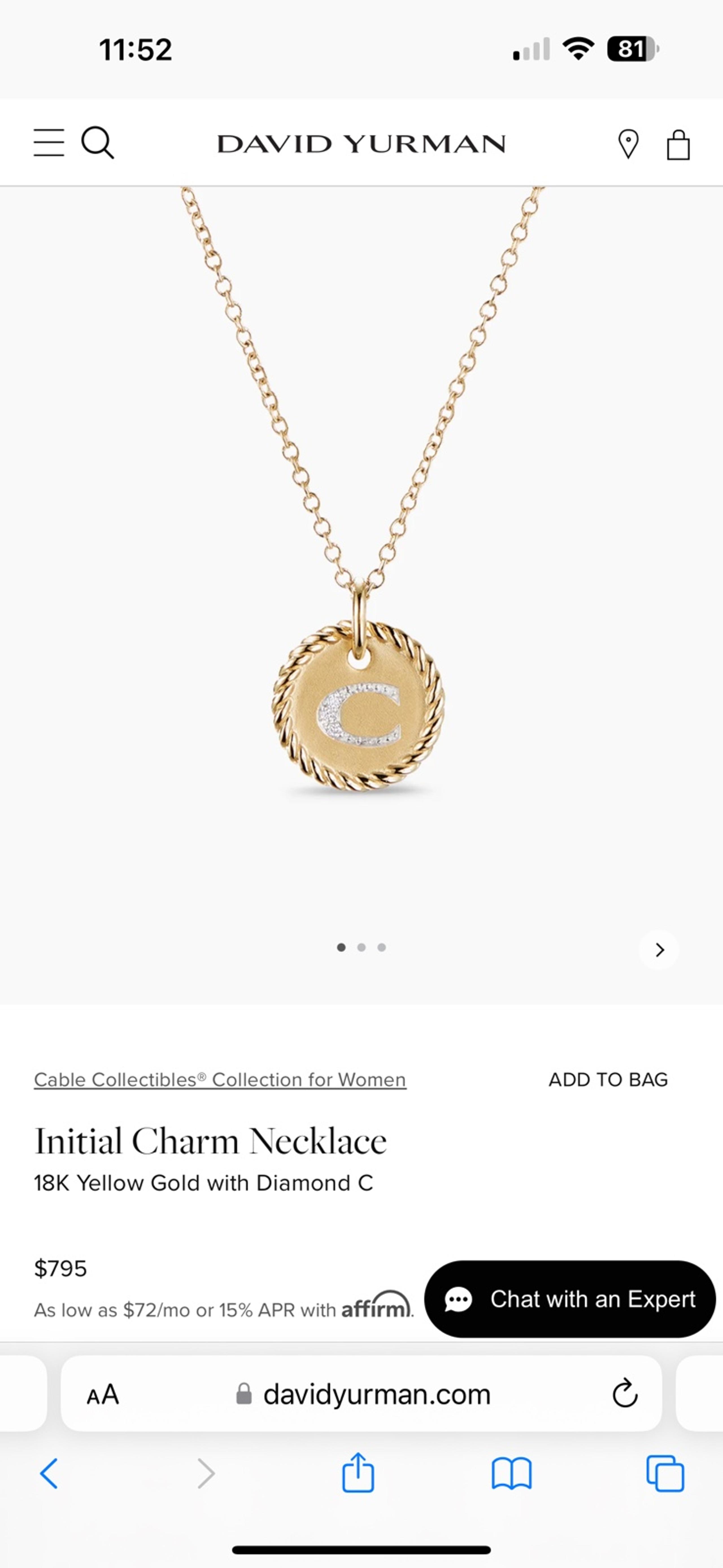 David Yurman initial charm necklace
