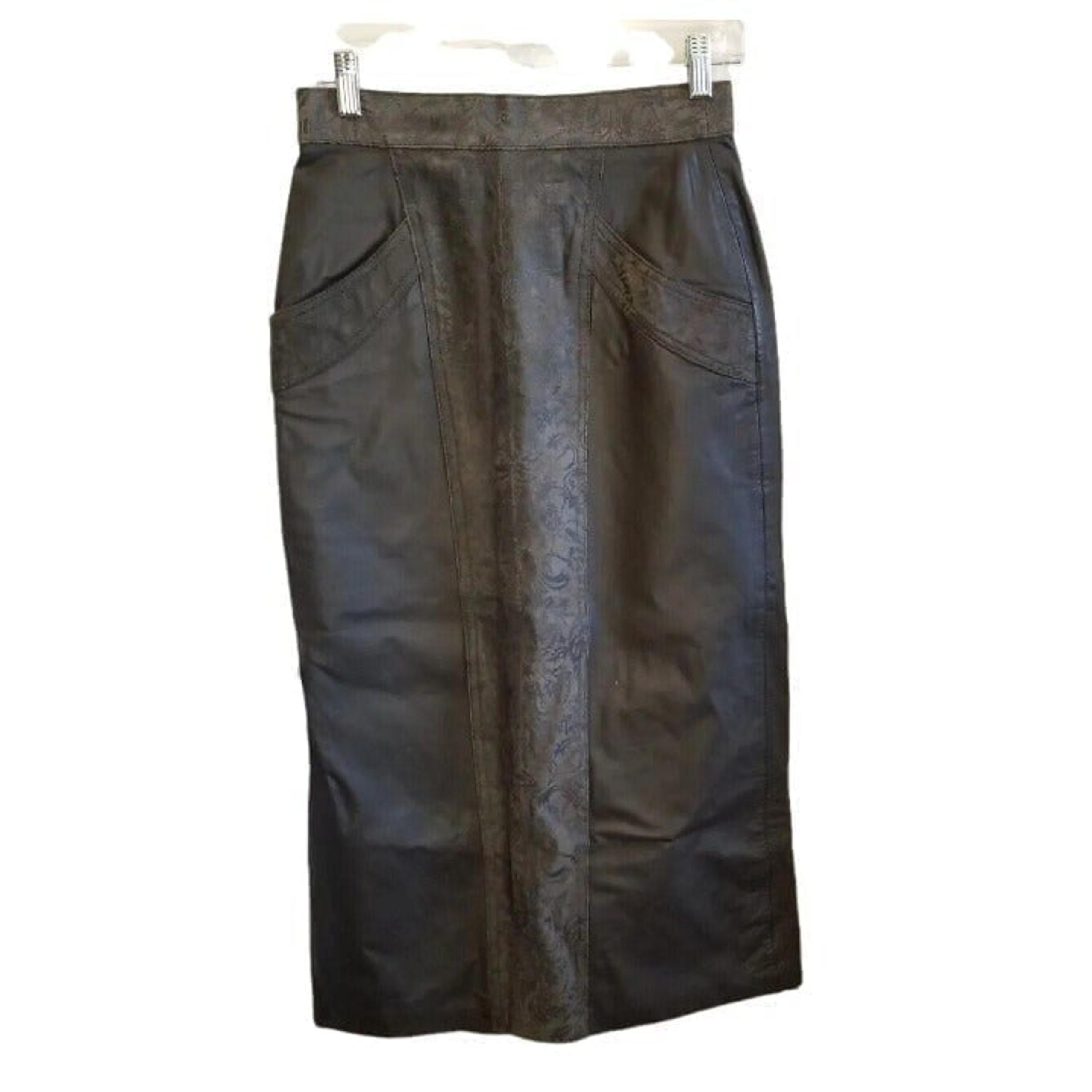 Vintage Dark Gray Leather Suede Midi Skirt Pockets Lined Sz 4