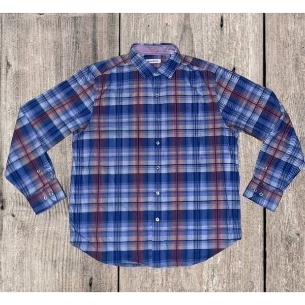 Tommy Bahama Men’s Long Sleeve Button Down Shirt Size L Blue Plaid Silk Blend