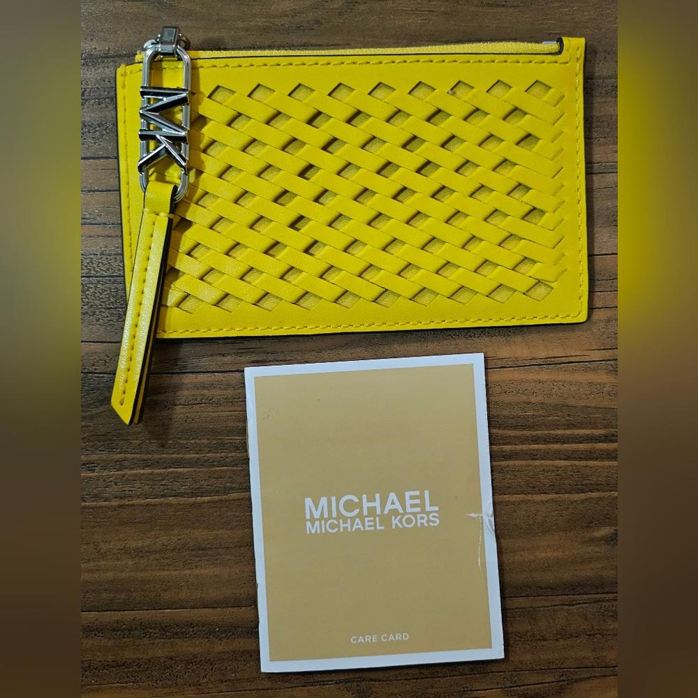 MICHAEL KORS Empire Woven Leather Small Zip Card Case NWT