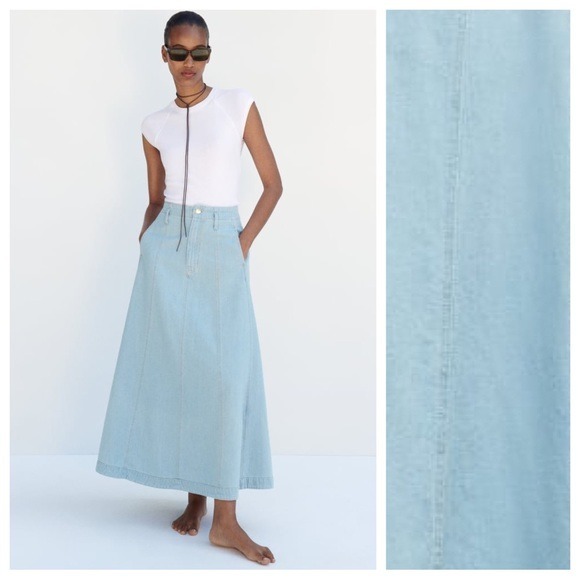 NWT. Zara Light Blue Z1975 Denim High Waist Midi Skirt. Size XS.