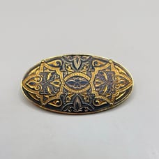 Vintage Gold Tone Black Damascene Oval Brooch Pin