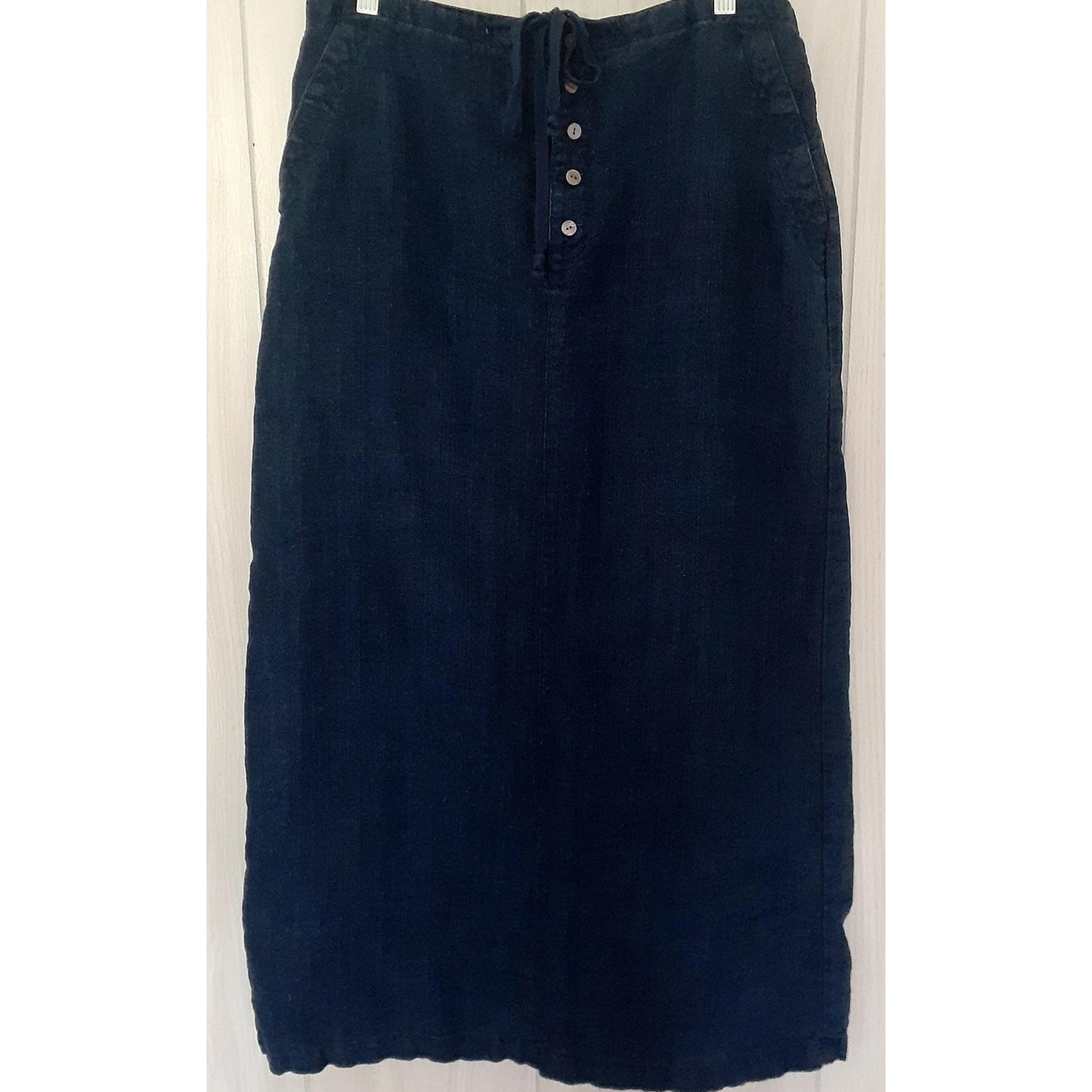 Eddie Bauer Navy 100% Linen Maxi Skirt Pockets Tie Waist For Comfort