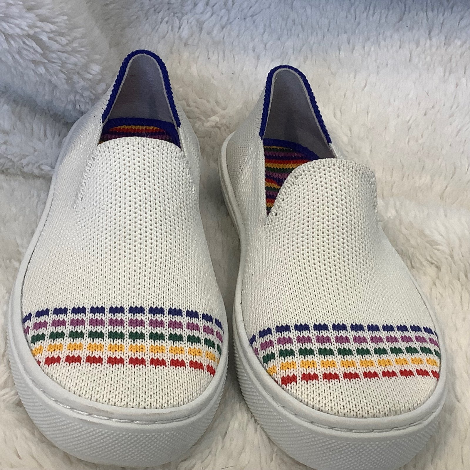 Rothy's The Kids Sneaker White Rainbow Knit Fabric Slip On Casual Girls US 10