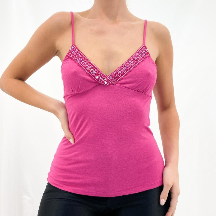 Y2k Pink Cami Top w Iridescent Trim Sequin Details [L]