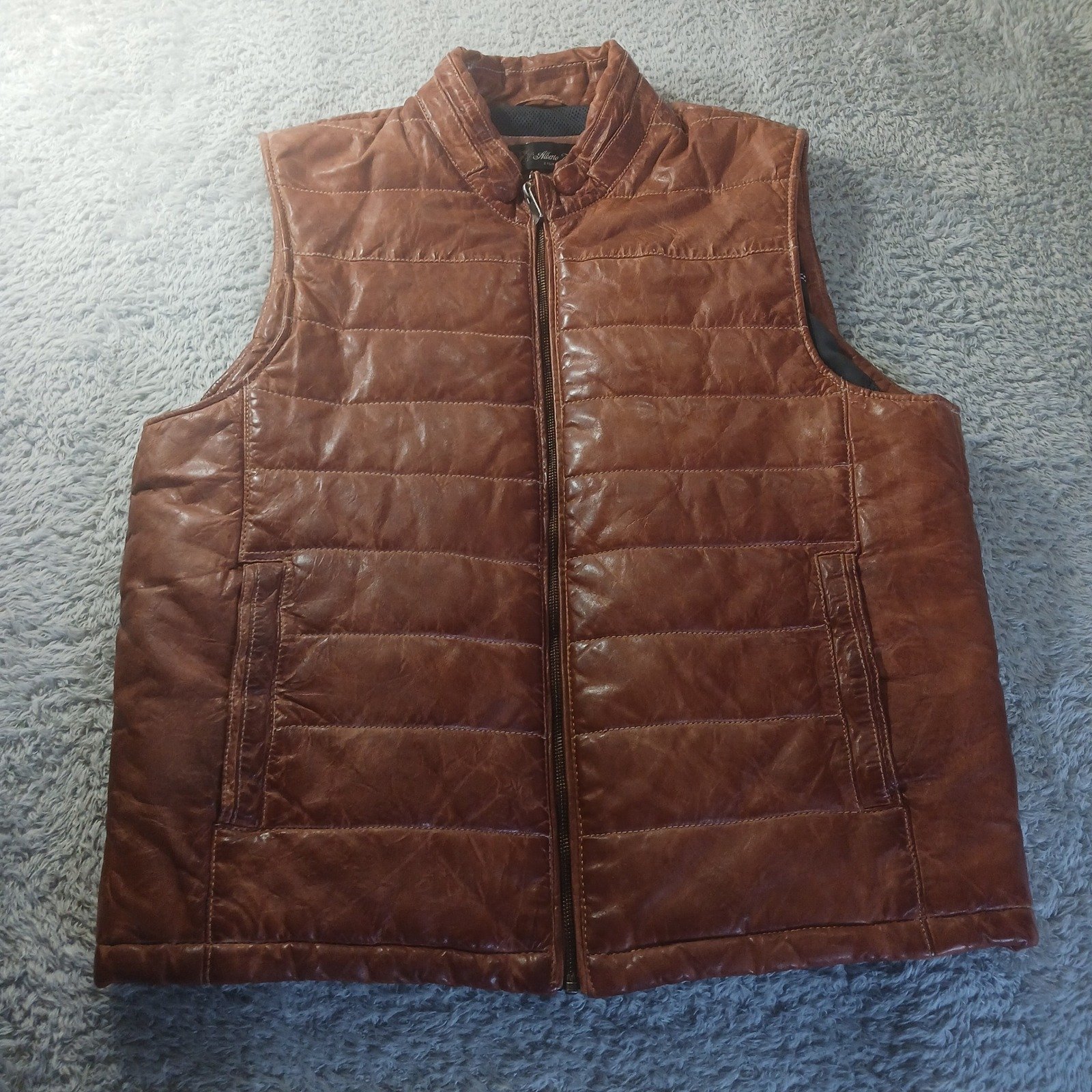 Alberto Zimni Leather Puffer Vest Sleeveless Quilted Biker Casual India Mens L