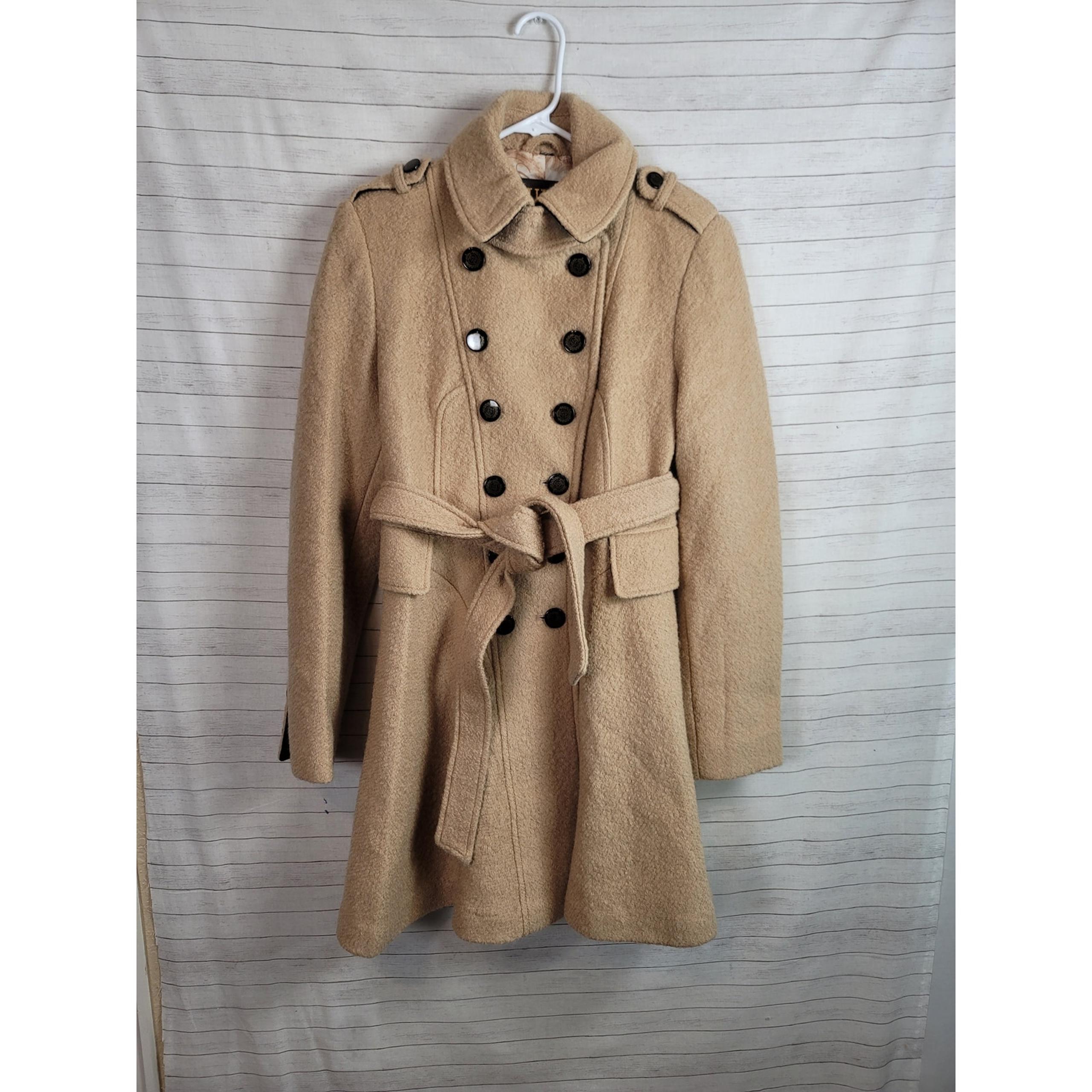 WOOL BLEND DOUBLE BREASTED CAMEL TAN PEA COAT, SZ SMALL - GUESS
