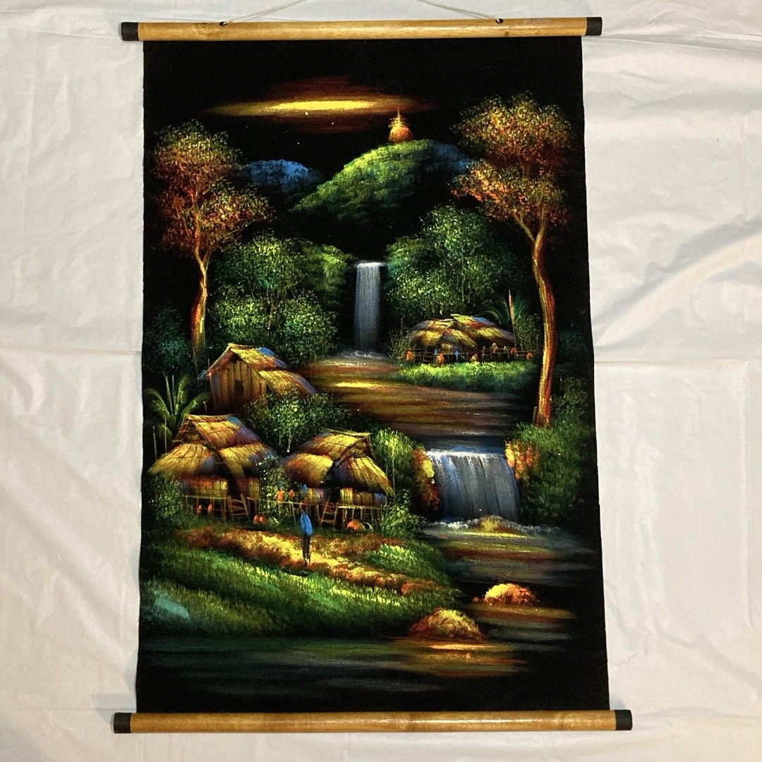 Black Velvet Waterfall Green Mountain Oil Painting From Thailand 17.5 X 27.5 in