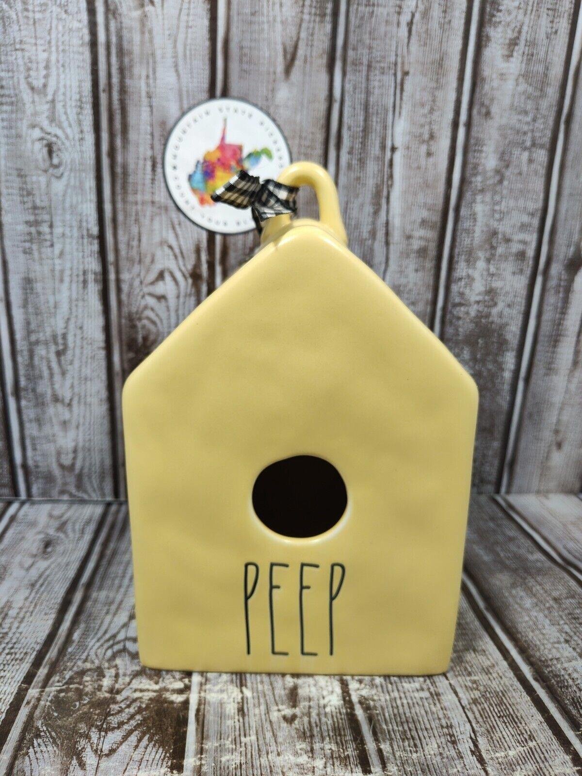 Rae Dunn PEEP Matte Yellow Ceramic Square Birdhouse Buffalo Check Ribbon New