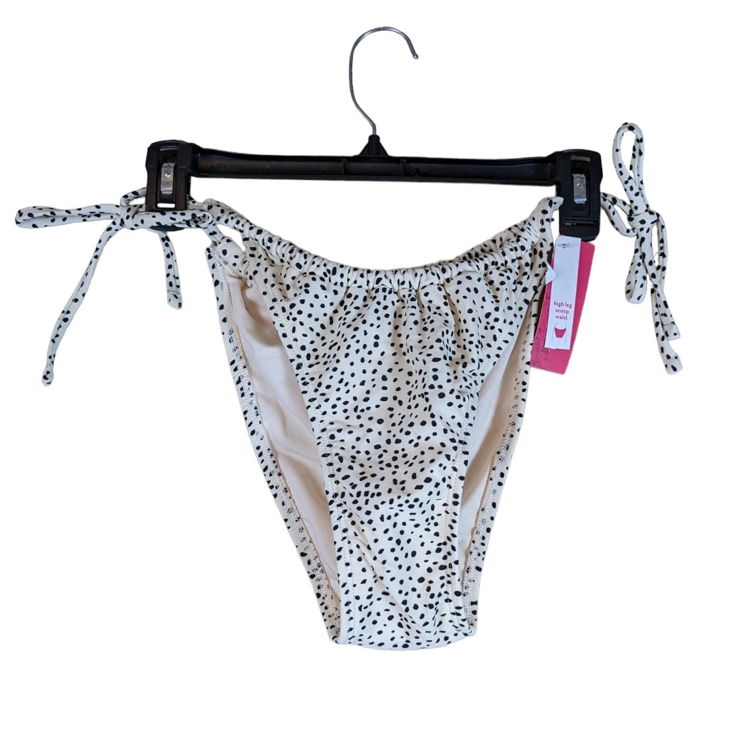 Xhilaration High Leg String Bikini Bottom Cream Dot Print XL Scoop Waist Tie
