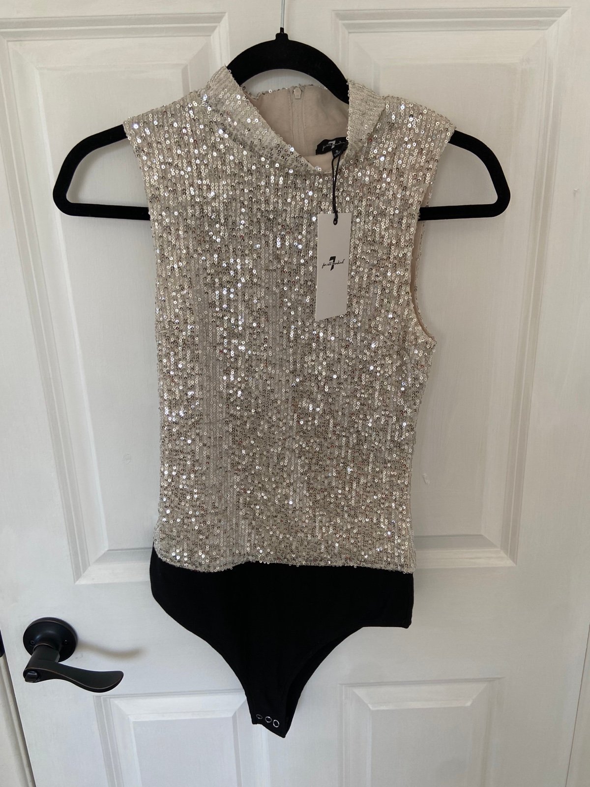NWT 7 for All Mankind Silver Sequin Sleeveless High Neck Bodysuit Size Small